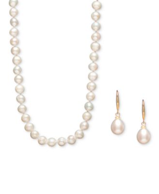 Cultured Freshwater Pearl Necklace (7-7 1/2mm) and Drop Earrings (7x9mm) Set in Sterling Silver