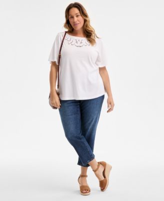 売れ筋商品|||スタイルアンドコー カットソー トップス レディース Plus Size Eyelet-Yoke T-Shirt, Exclusively at Macy's Bright White Style & Co Plus Size Eyelet-Yoke T-Shirt, Exclusively at