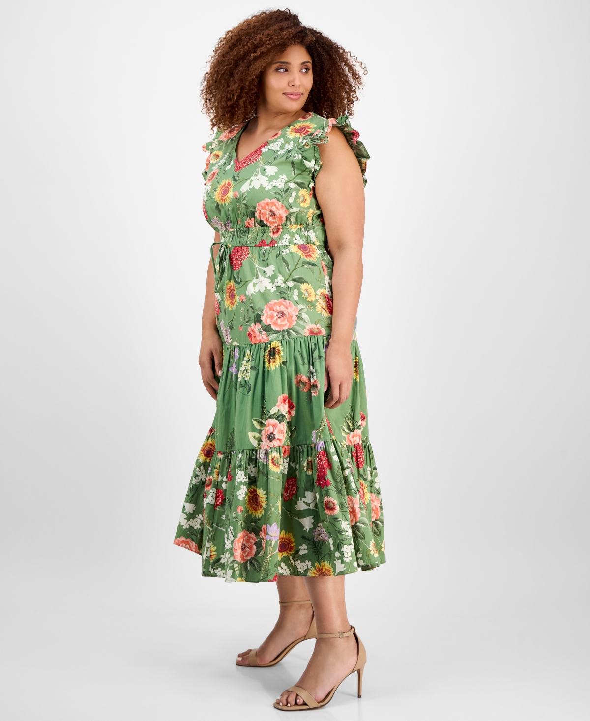 Anne Klein Printed Poplin Drawstring Maxi Dress In Green