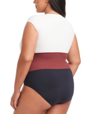Plus Size Colorblocked Button-Down Cap-Sleeve One-Piece Swimsuit