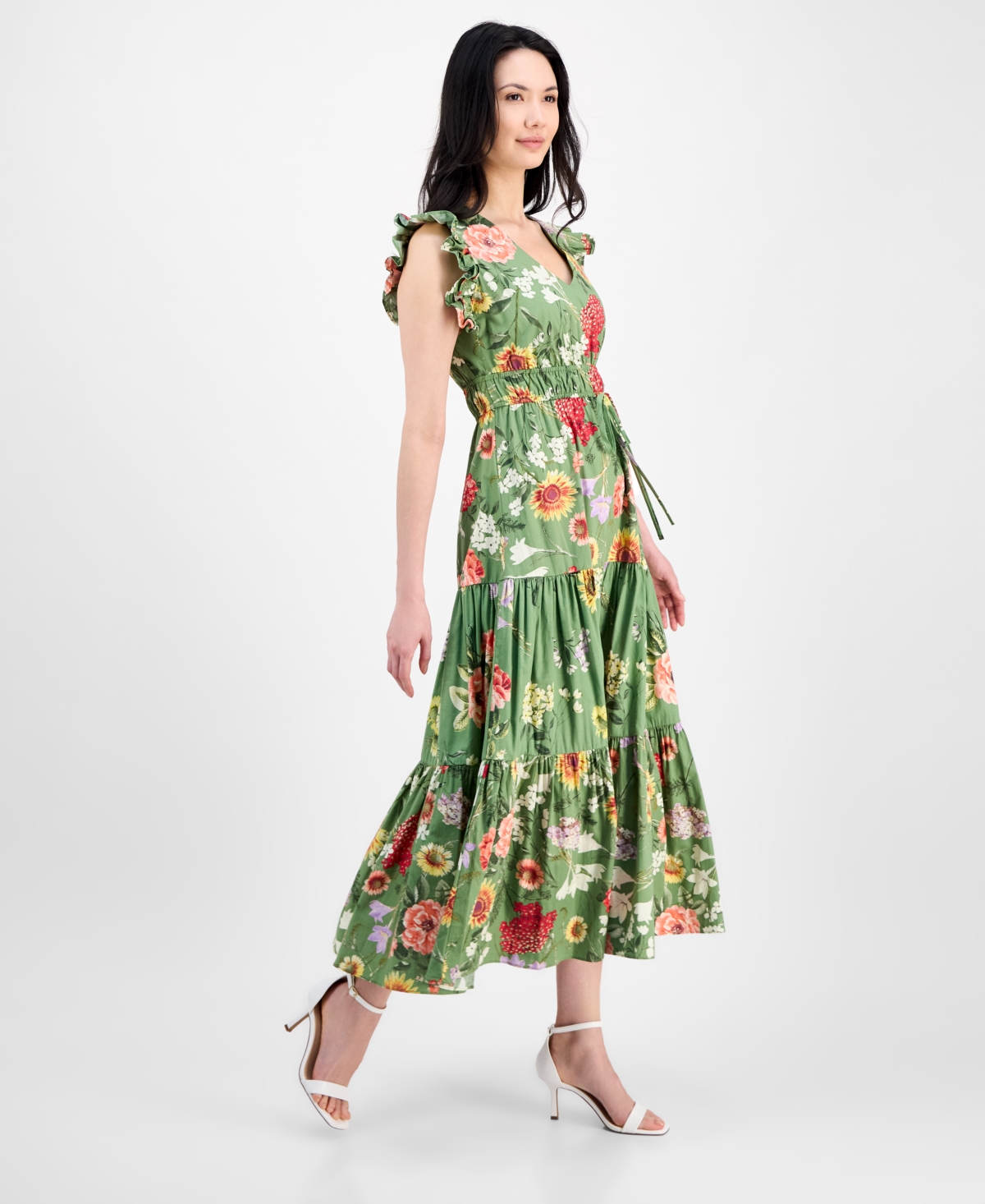 Anne Klein Printed Poplin Drawstring Maxi Dress In Green