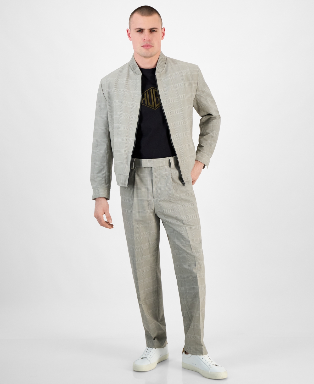 HUGO BOSS HUGO BY HUGO BOSS MEN'S UKASHI252F1X MODERN-FIT GLEN CHECK FULL-ZIP BOMBER JACKET 