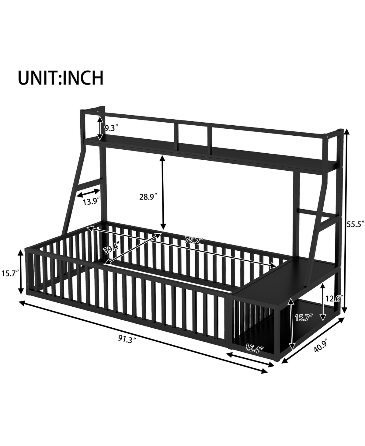 Metal Floor Bed with Desk and Storage Shelves