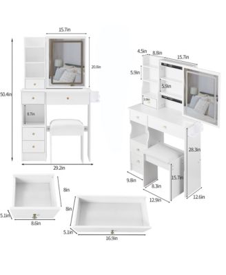 50.40"Small Size Left Drawer Desktop Vanity Table + Cushioned Stool, 2 AC+2 USB Power Station, Hair dryer bracket,White