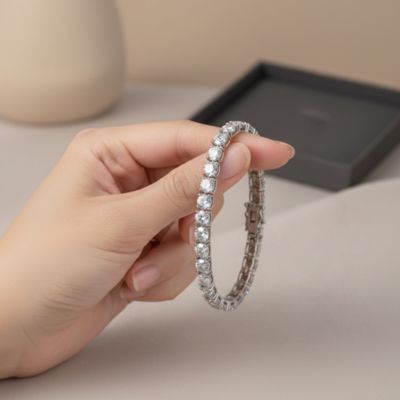 Sterling Silver White Gold Plated with 5mm Round Prong Set Cubic Zirconia Tennis Bracelet