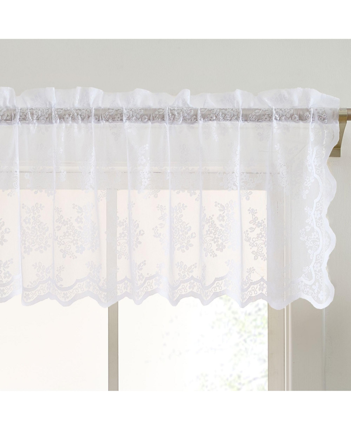 Jolene Floral Rod Pocket Lace Semi Sheer Voile Short Valance for Small Windows, Kitchen & Bathroom - 54 x 18 Inch Length (White Valance) - Whit