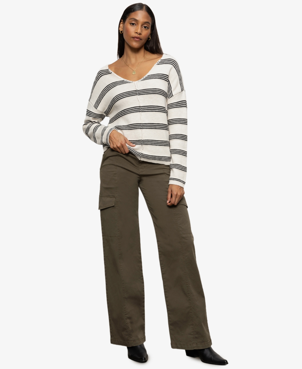 Women's Cotton Striped Easy V-Neck Sweater - Light Oat/ Black Stripe