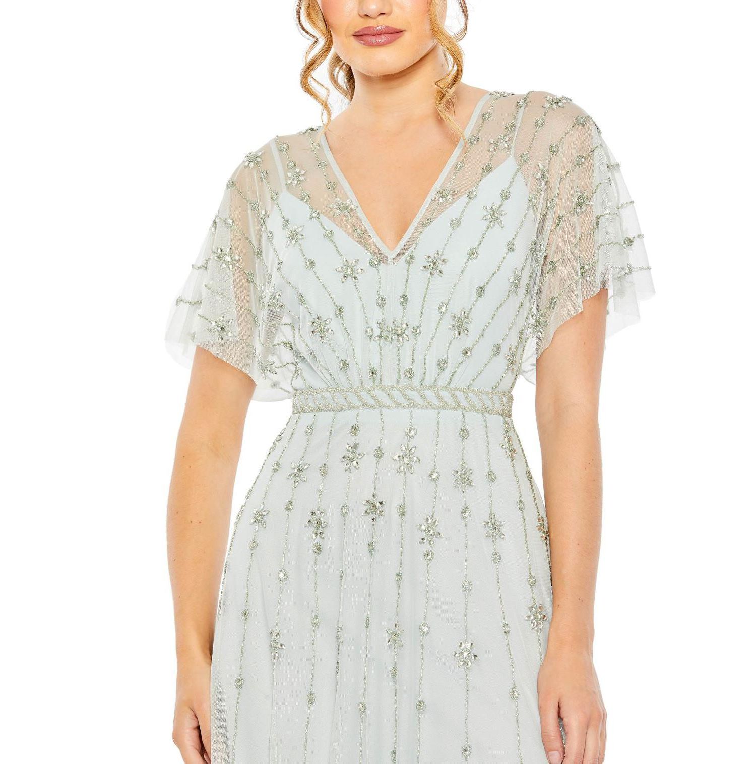 Women's V-Neck Embellished Flutter Sleeve A Line Gown
