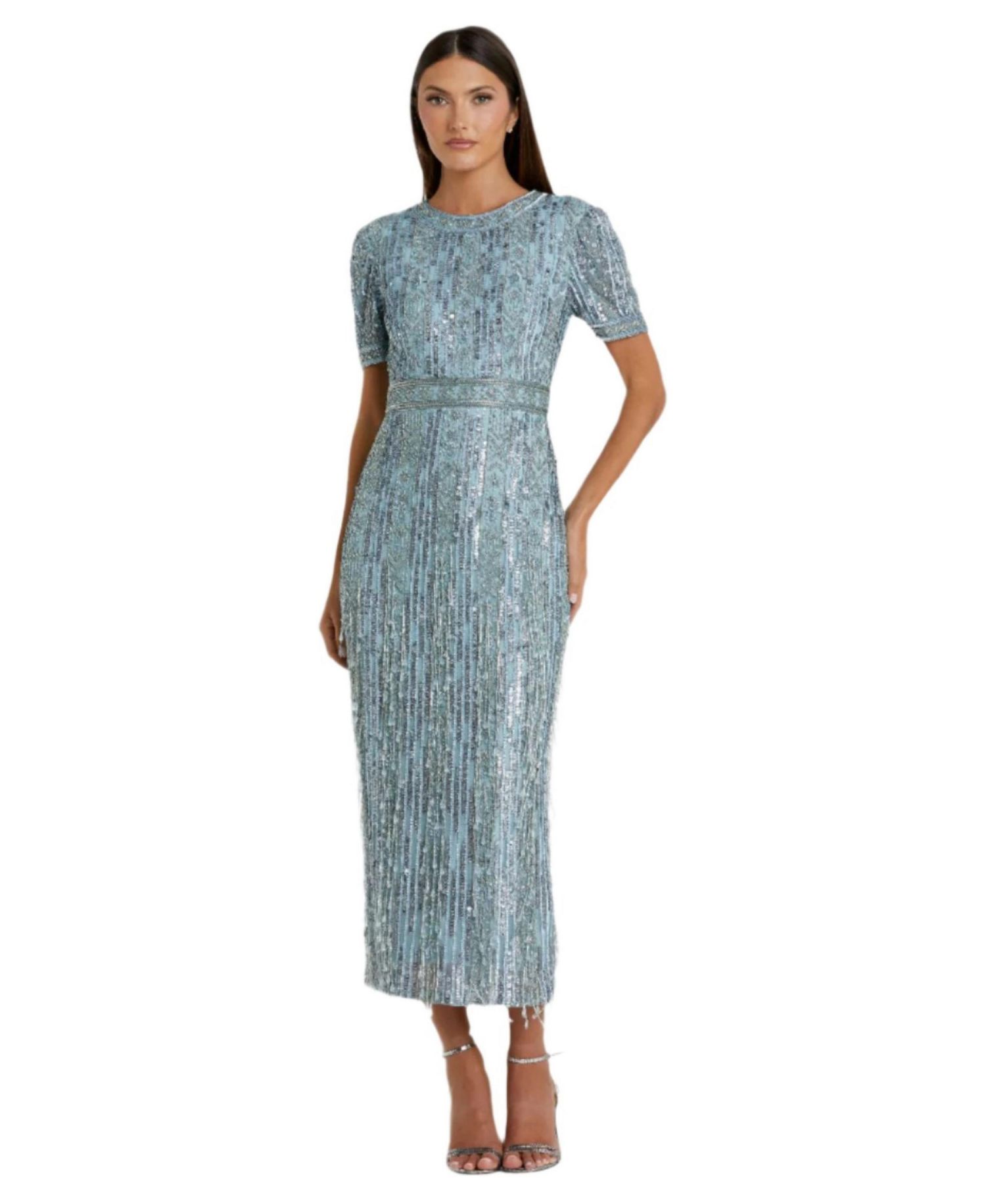 Women's High Neck Short Sleeve Crystal Fringe Column Dress
