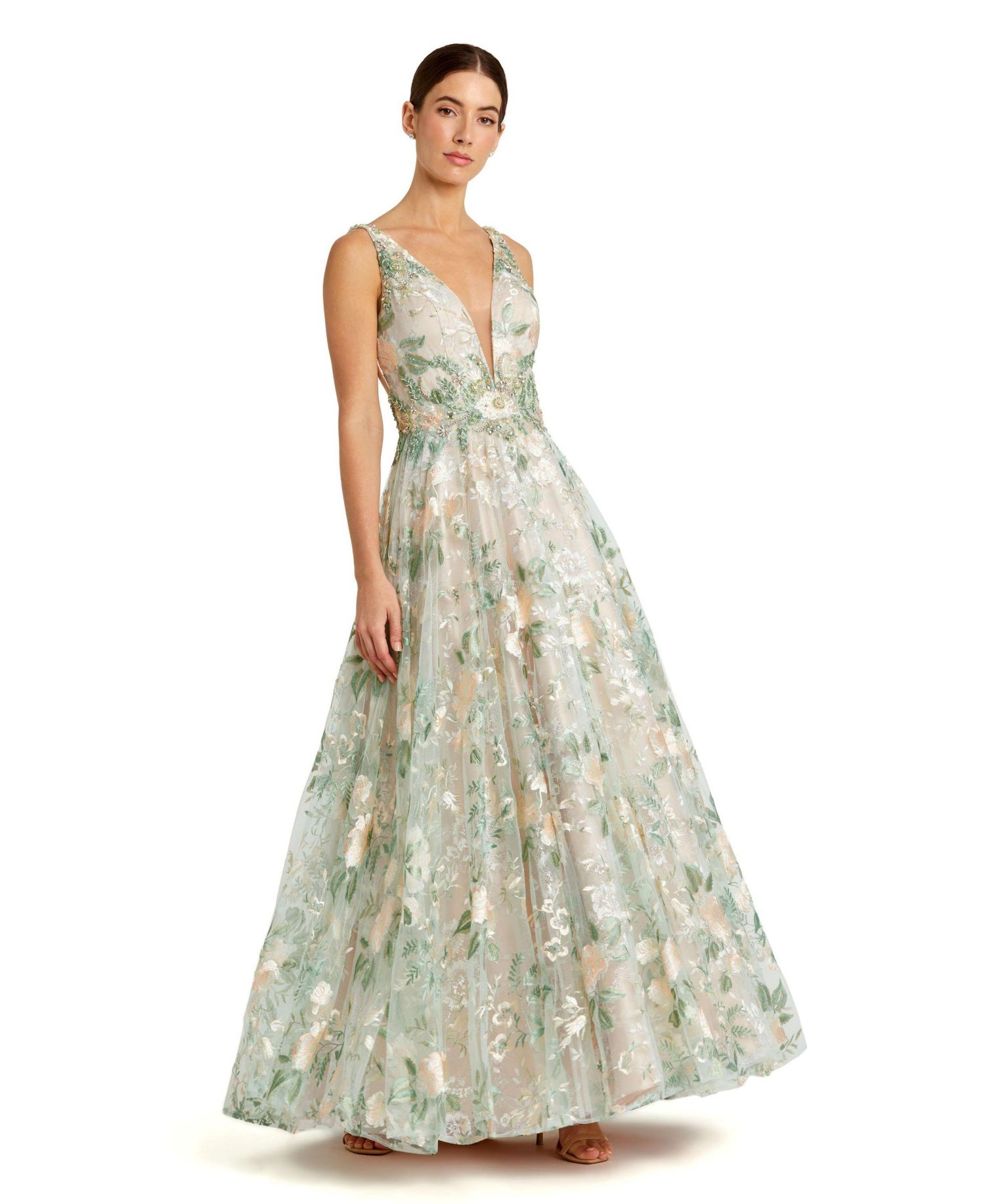 Women's Floral Embroidered Illusion V-Neck Gown