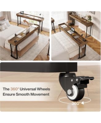 Overbed Table with Wheels, Mobile Computer Desk Makeup Vanity Desk with Storage, Standing Laptop Cart, Over Bed Makeup Table with Mirror, Vanity Desk for Bedroom, Rustic Brown