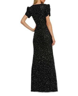 Women's Gathered Short Sleeve Beaded Gown