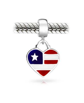 Patriotic Flag Heart Dangle Charm Bead Sterling Silver European Bracelet