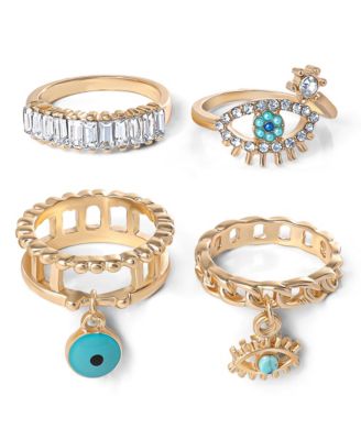 4-Piece Charm Ring Set with Turquoise Accents - Size 7