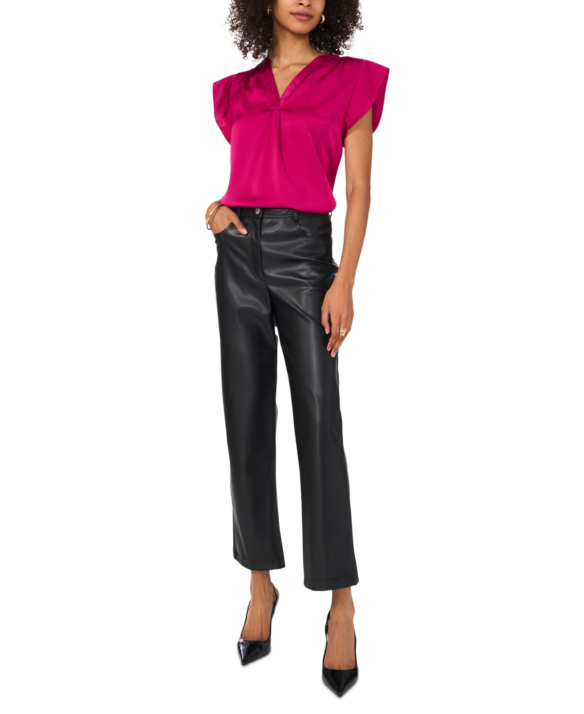Vince Camuto Women's Satin Flutter-sleeve V-neck Top In Firecly Fuchsia