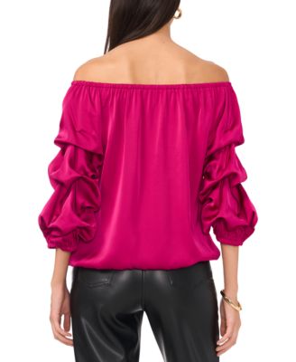 Women's Satin Off-The-Shoulder Bubble 3/4-Sleeve Tie-Front Blouse