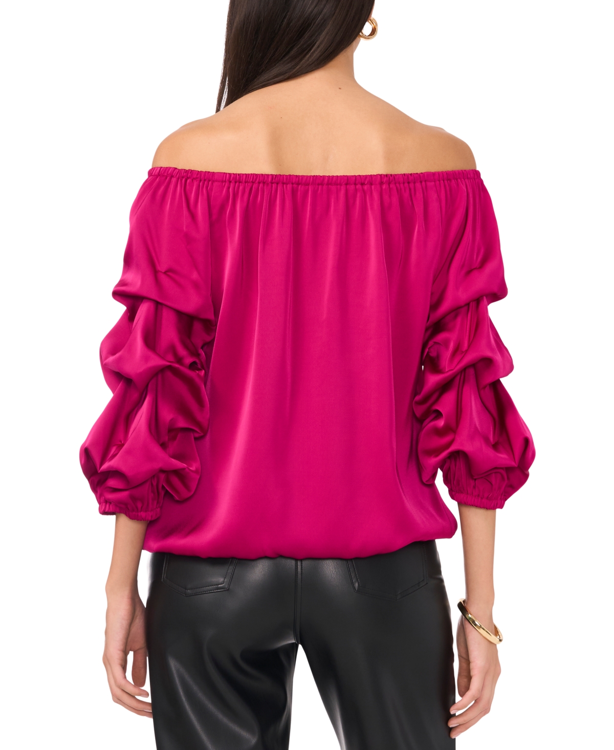 Vince Camuto Off The Shoulder Bubble Sleeve Satin Top In Fircely Fuchsia