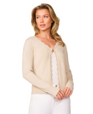 Women's 3/4-Sleeve Scalloped Cropped Cardigan Sweater