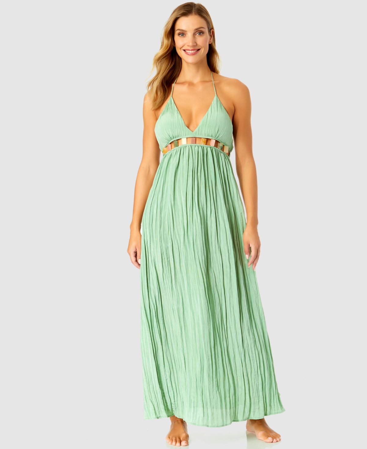 Ibiza Anne Cole Women's V-neck Jewel Halter Maxi Cover-up Dress In Basil Green