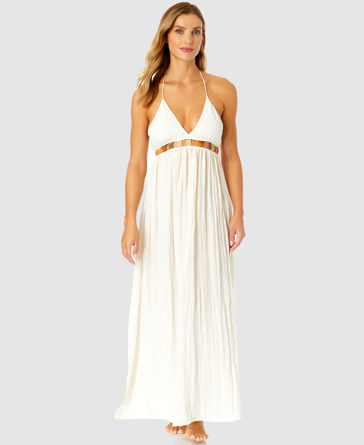 Women's V-Neck Jewel Halter Maxi Cover-Up Dress - Gardenia White