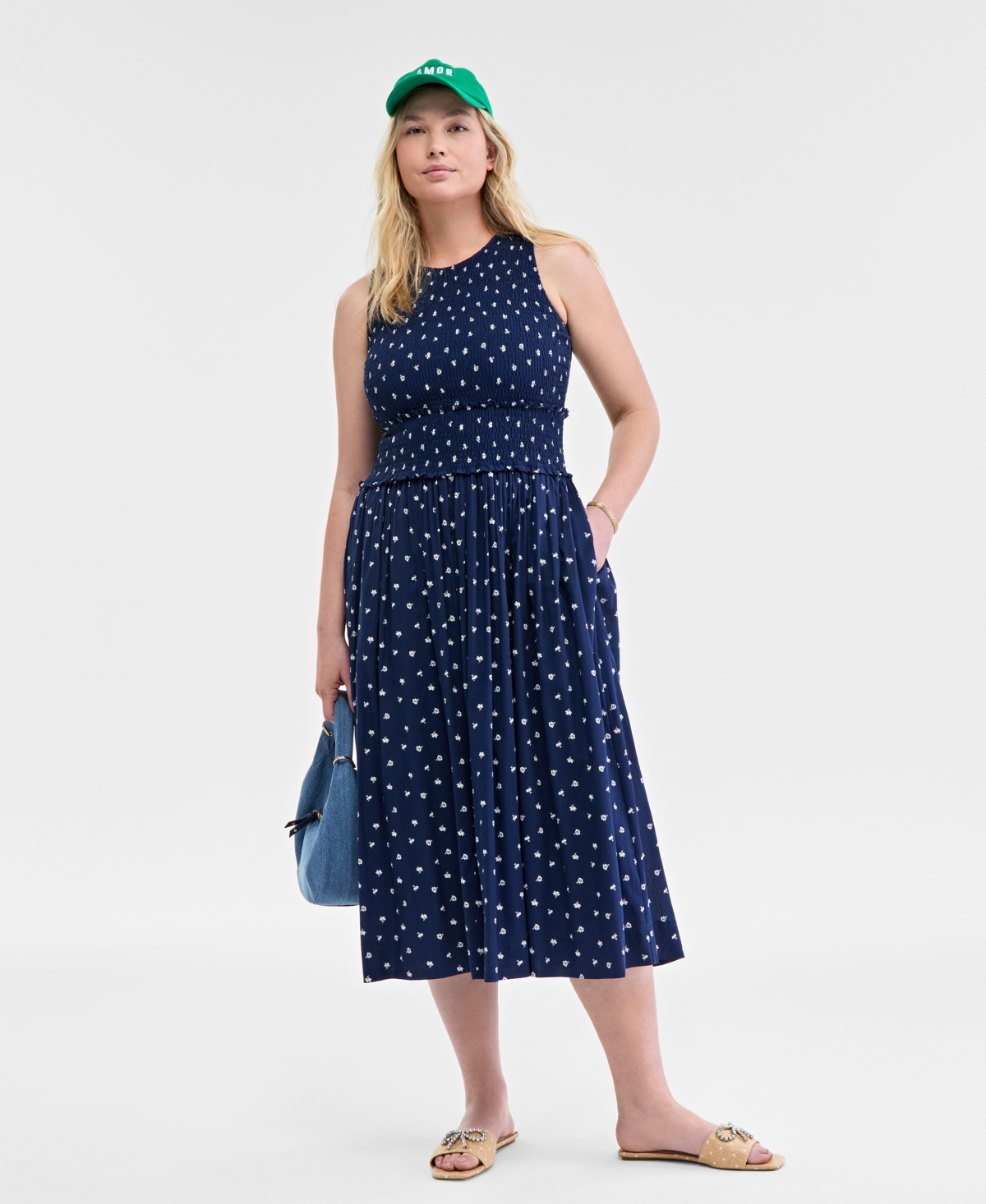 On 34th Women's Woven Printed Smocked Sleeveless Midi Dress, Exclusively At Macy's In Blazing Navy