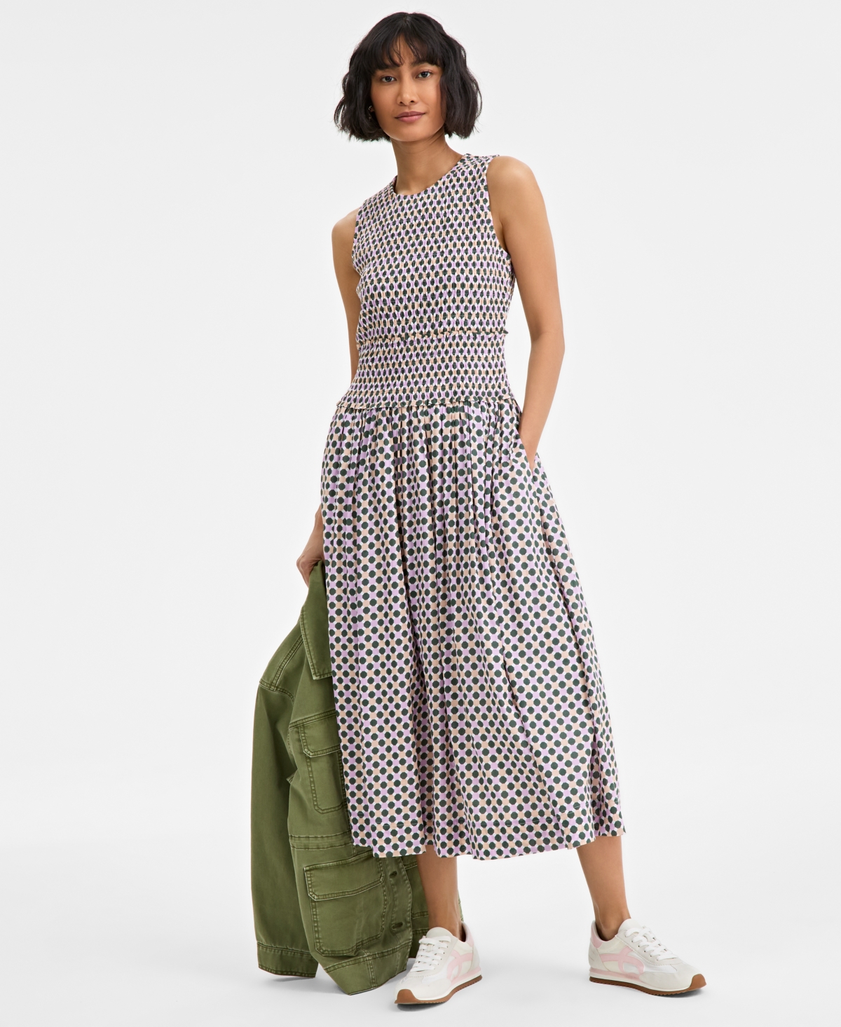 On 34th Women's Woven Printed Smocked Sleeveless Midi Dress, Exclusively At Macy's In Orchid Bouquet