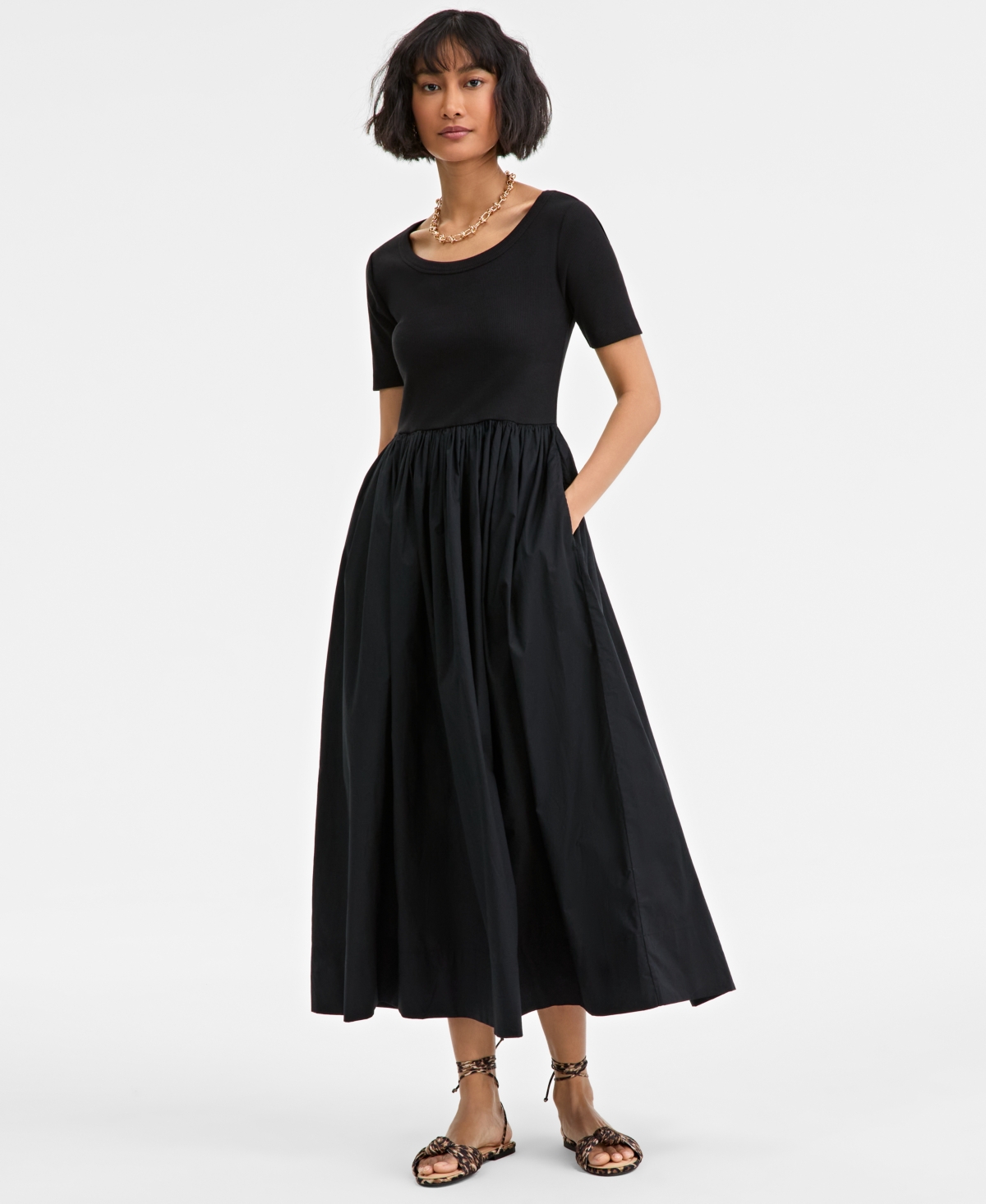 On 34th Trendy Plus Size Scoop-neck Mixed-media Midi Dress, Exclusively At Macy's In Deep Black