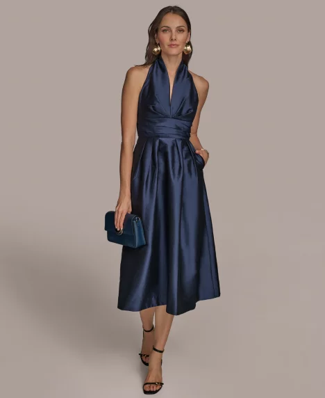 Petite Sleeveless Halter Neck A-Line Midi Dress - Taffeta Blue
