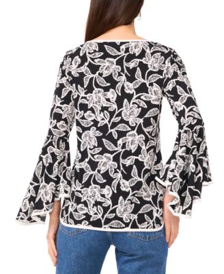 Women's Printed Crewneck 3/4-Bell-Sleeve Blouse