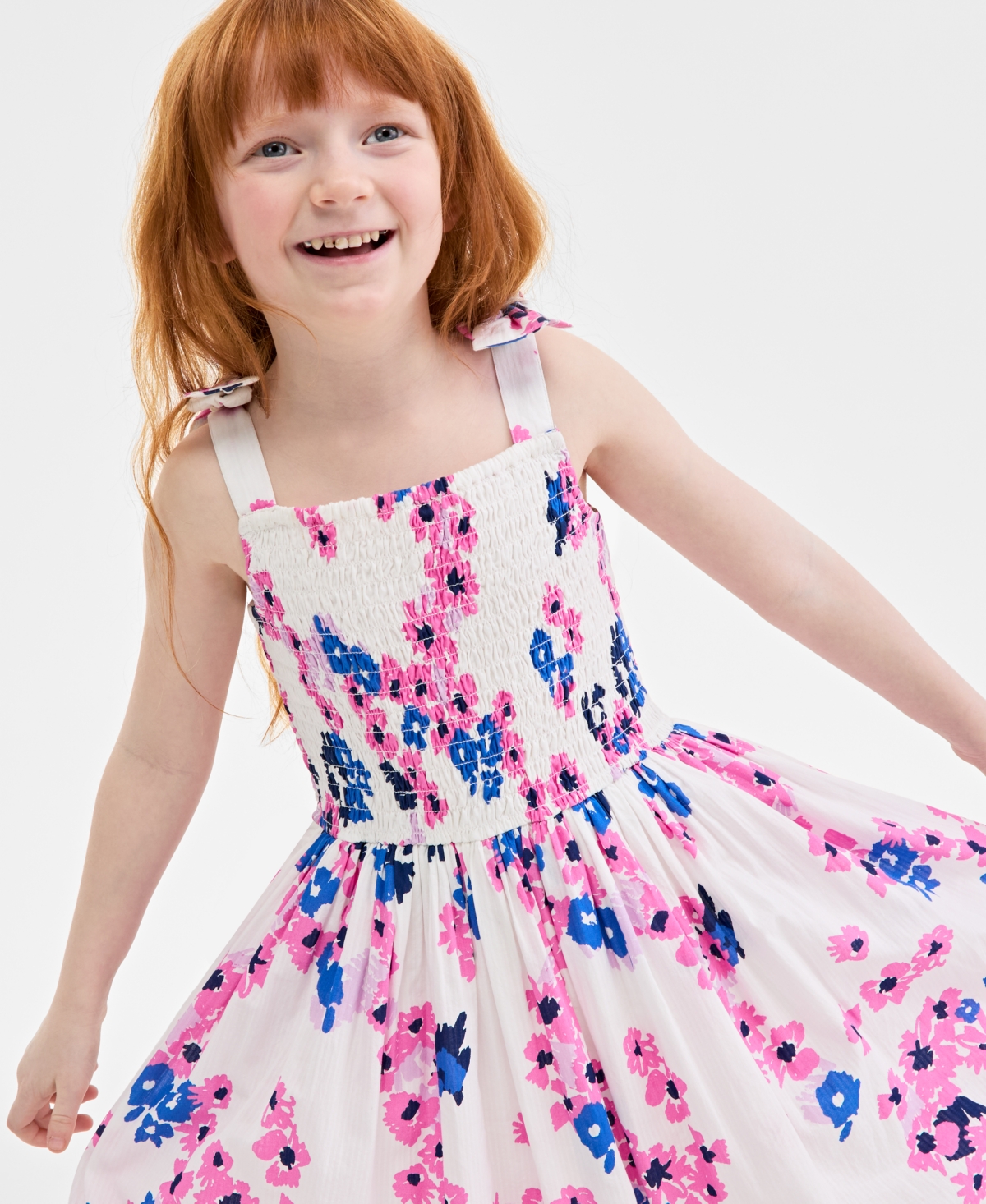 On 34th Little & Big Girls Mommy & Me Woven Cotton Sketched Bouquet-print Tie-strap Smocked Dress, Exclusive In Washed White