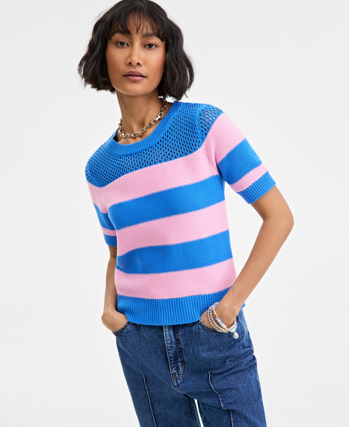 Women's Cotton Striped Perforated-Stitch Sweater, Exclusively at Macy's - Beach Blue Combo