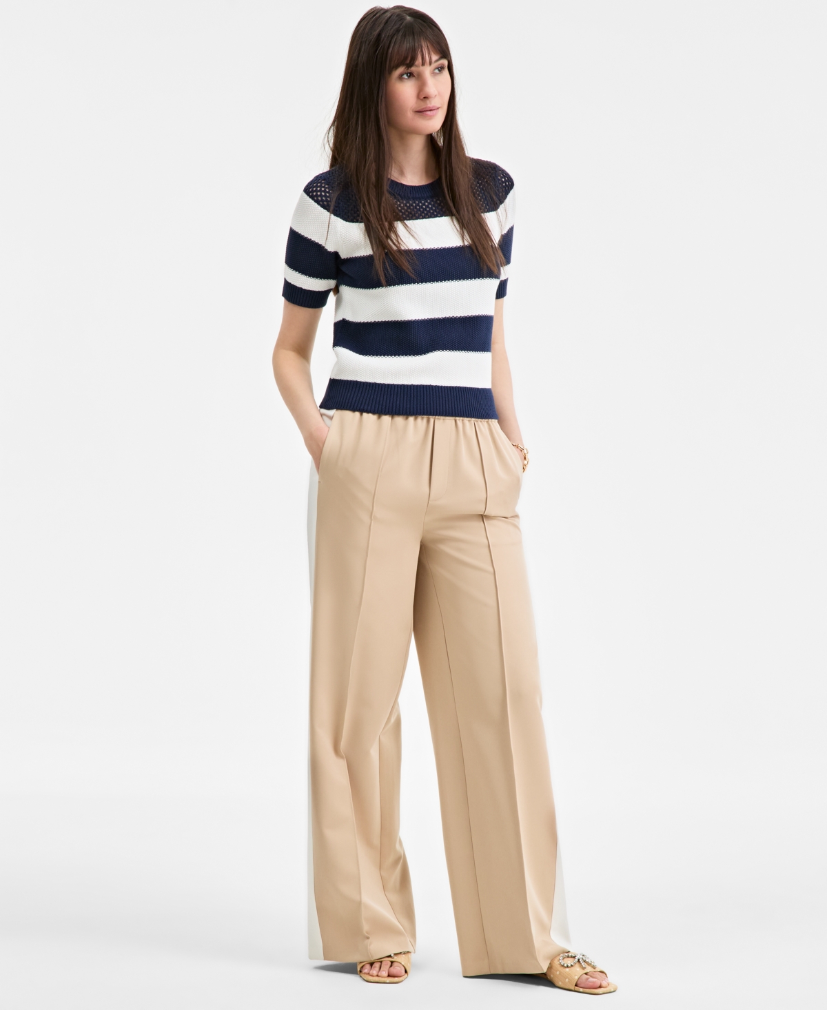 ON 34TH WOMEN'S COTTON STRIPED PERFORATED-STITCH SWEATER, EXCLUSIVELY AT MACY'S 