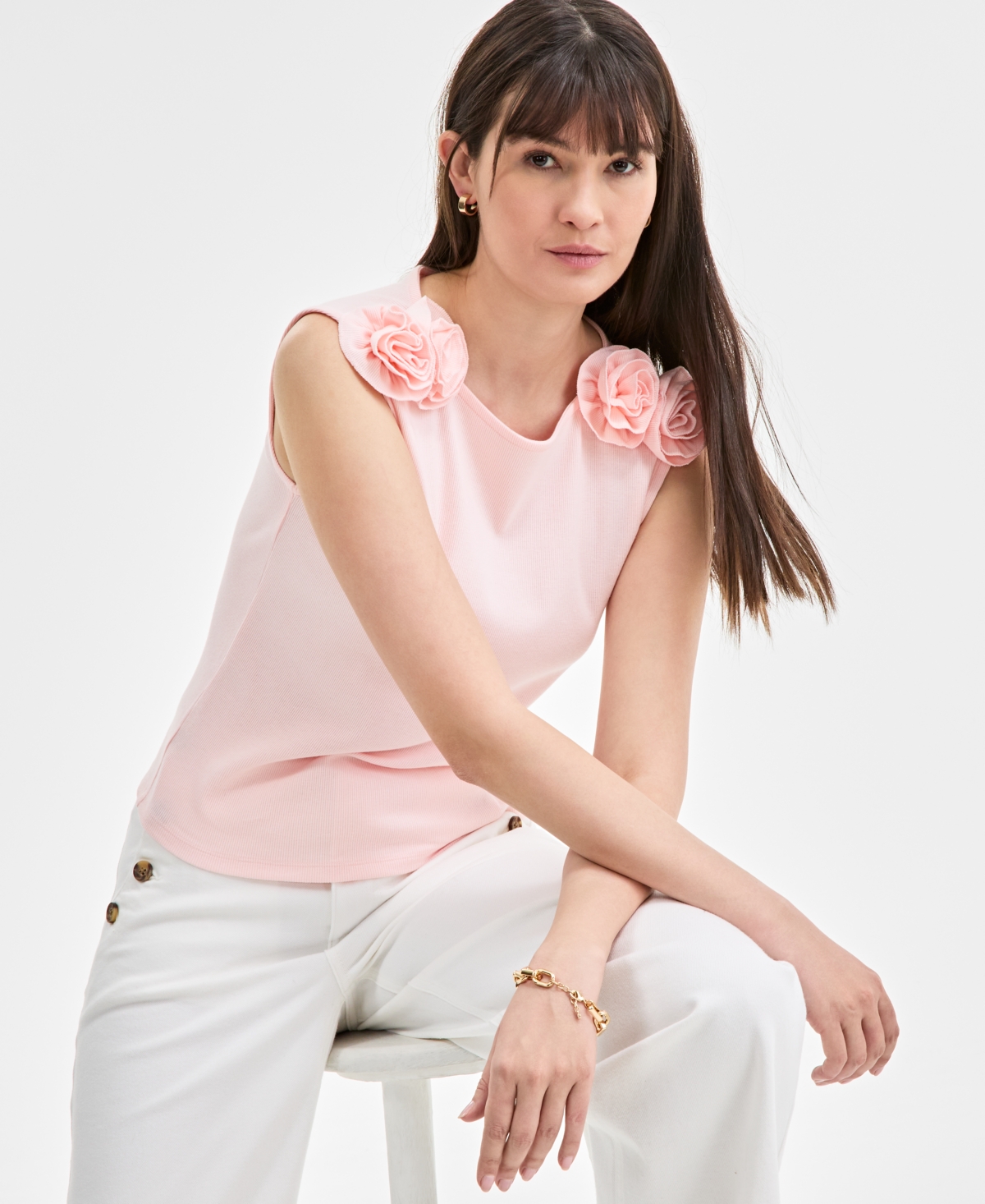 On 34th Women's Ribbed Rosette Shoulder Tank Top, Exclusively At Macy's In Pink Dogwood