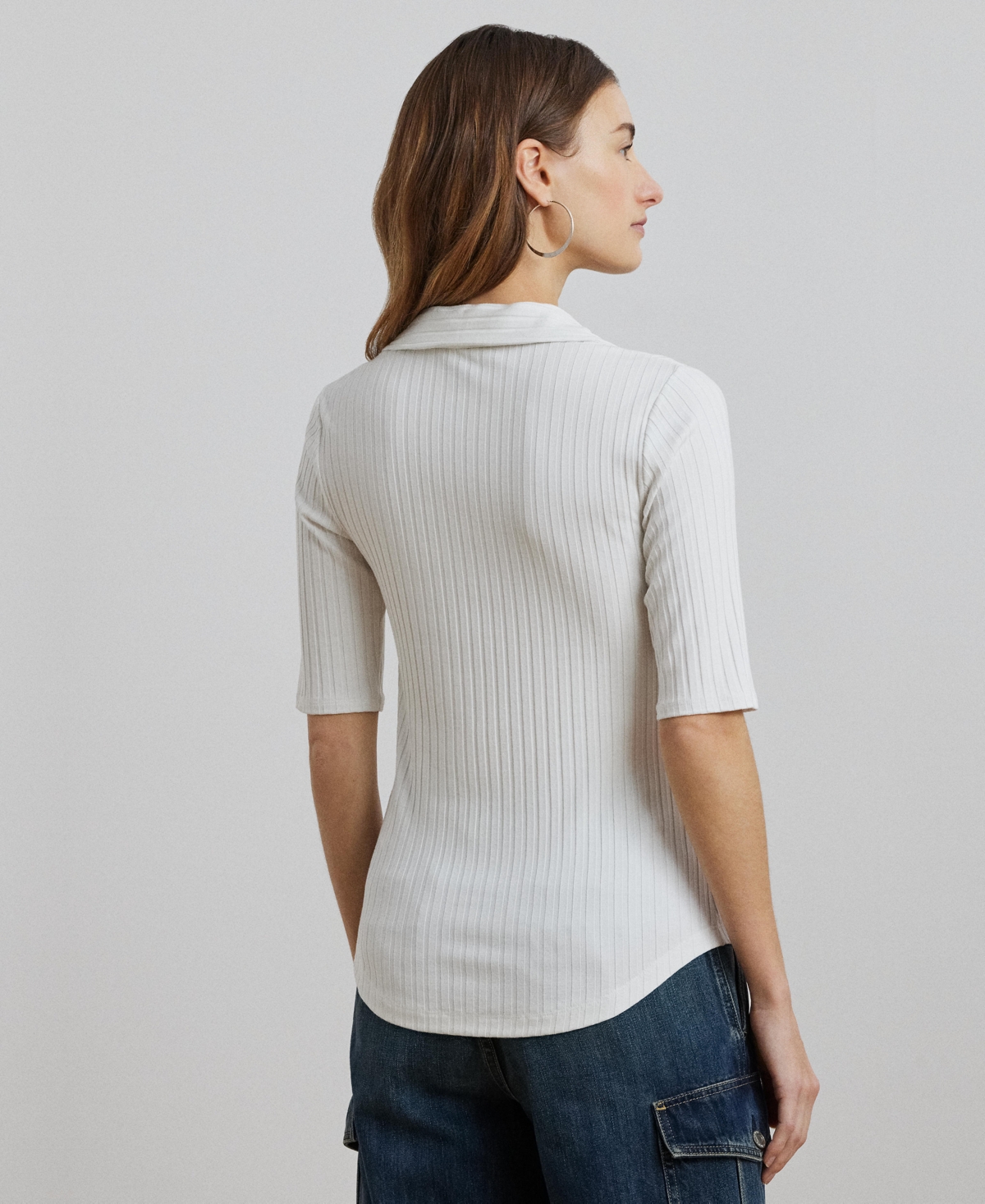 Shop Ralph Lauren Women's Rib-knit Elbow-sleeve Polo Tee In White
