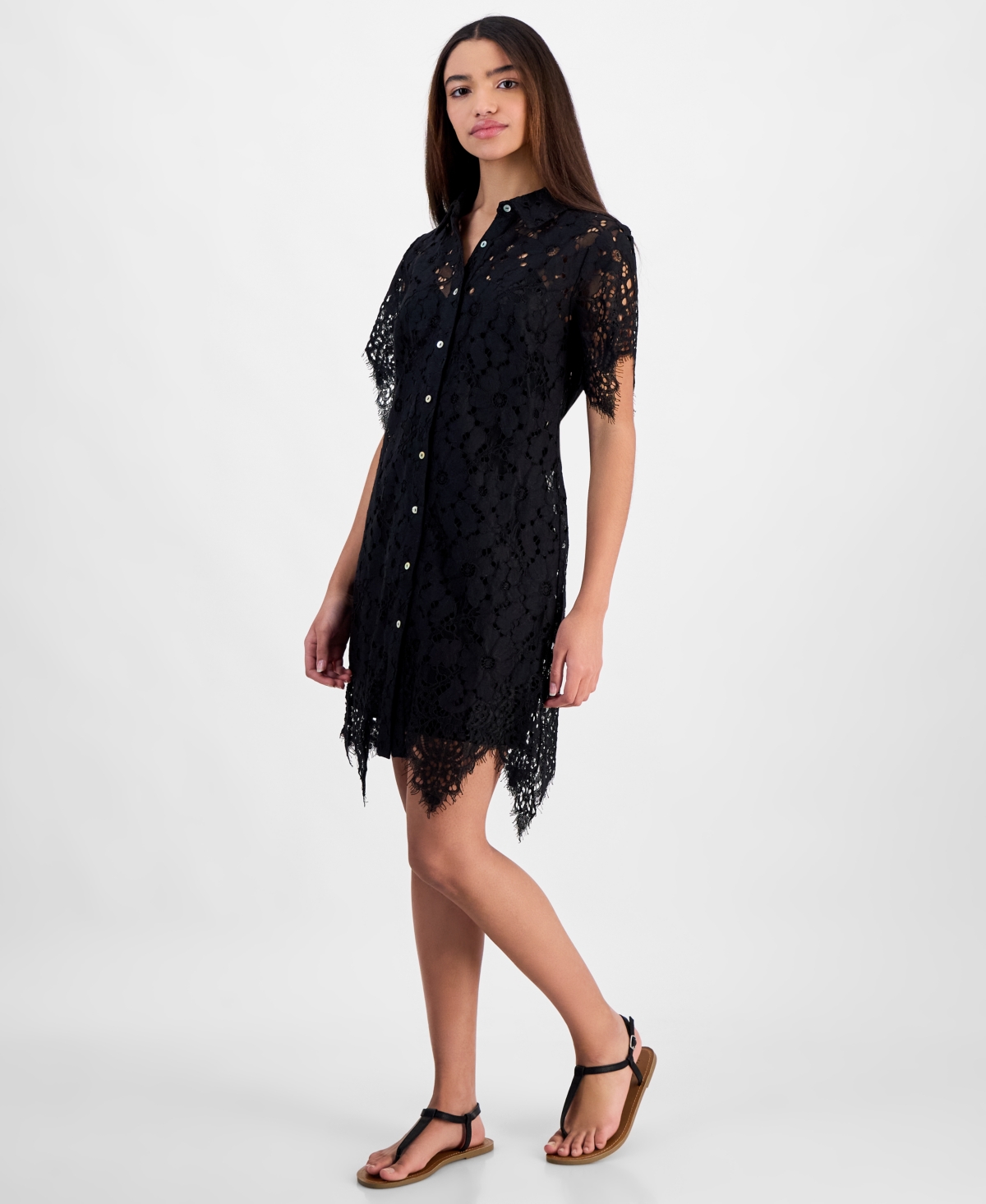 TINSEL JUNIORS' LACE BUTTON-FRONT SHORT-SLEEVE SHIRTDRESS 