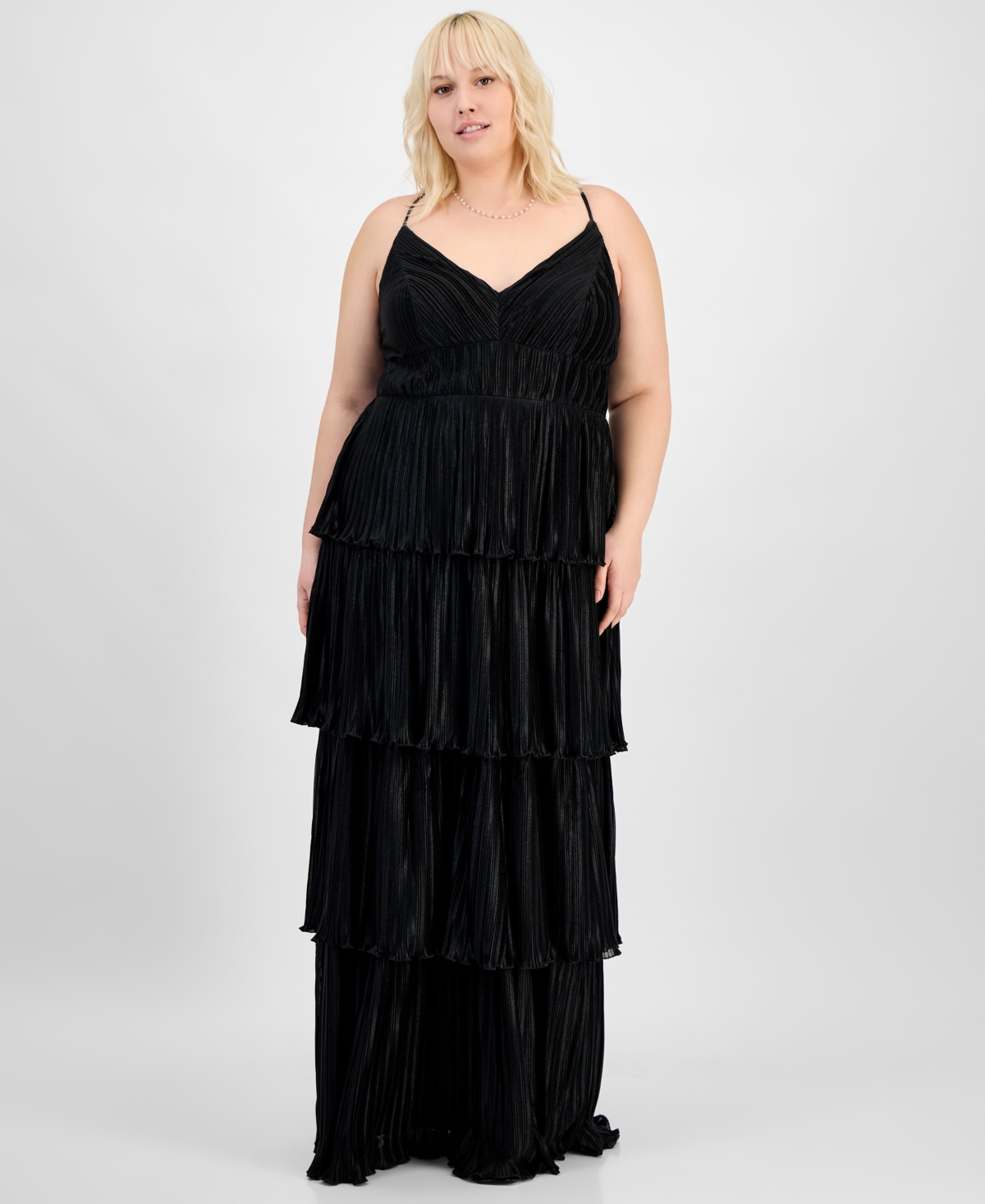 Trendy Plus Size Pleated Tiered Gown - Black