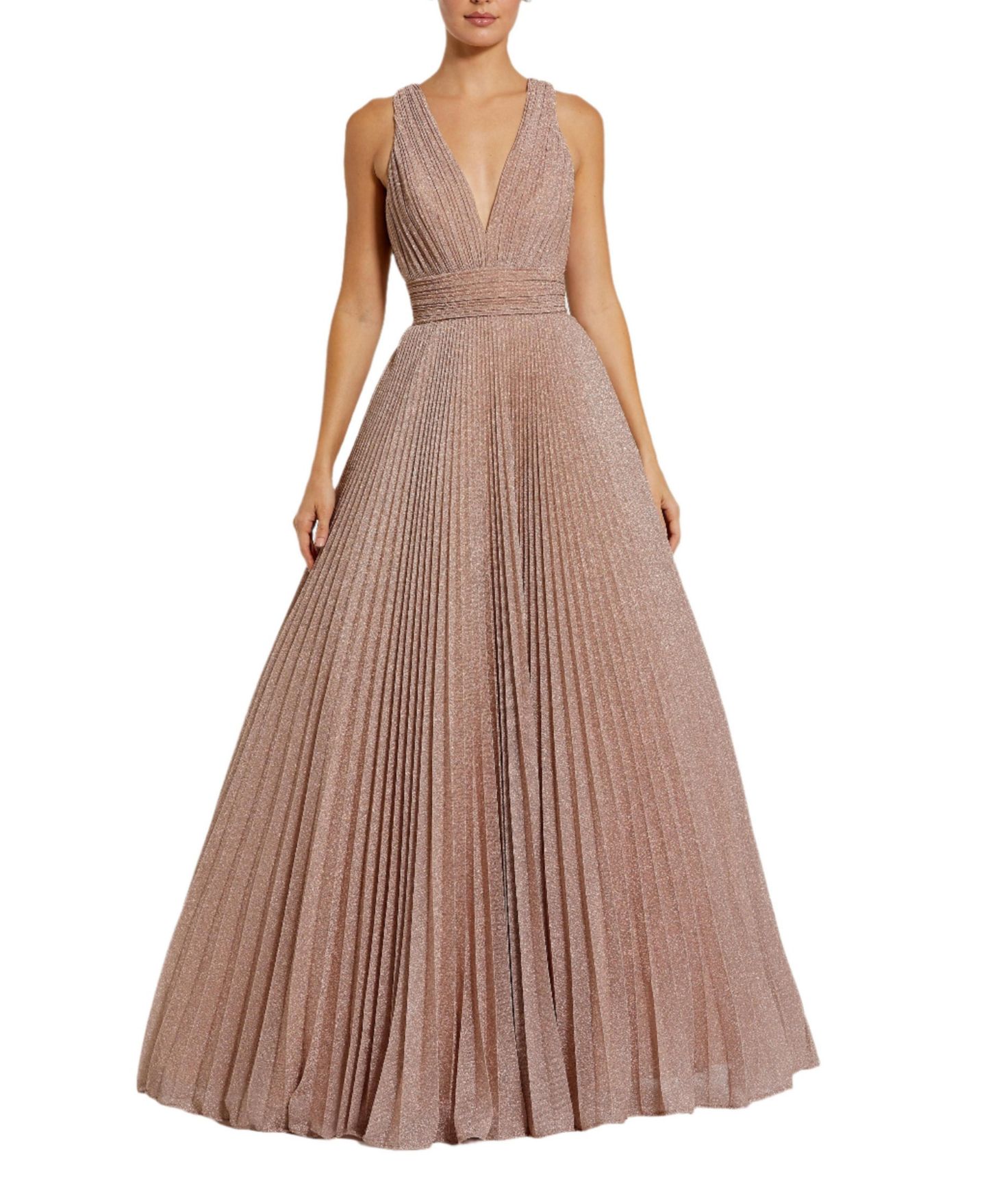 Женское платье Mac Duggal Shimmering Georgette Pleated Sleeveless Gown, цвет: Розовое золото — фото 6