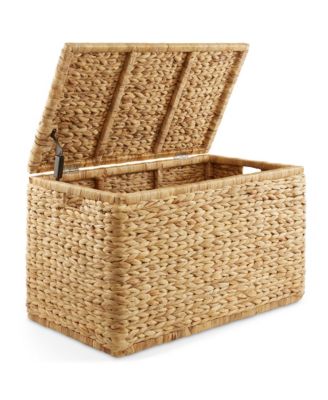 30" Storage Chest with Lid, Handles, Safety Hinge - Espresso, Water Hyacinth Wicker Storage Trunk Basket for Bedroom, Entry Way, Living Room