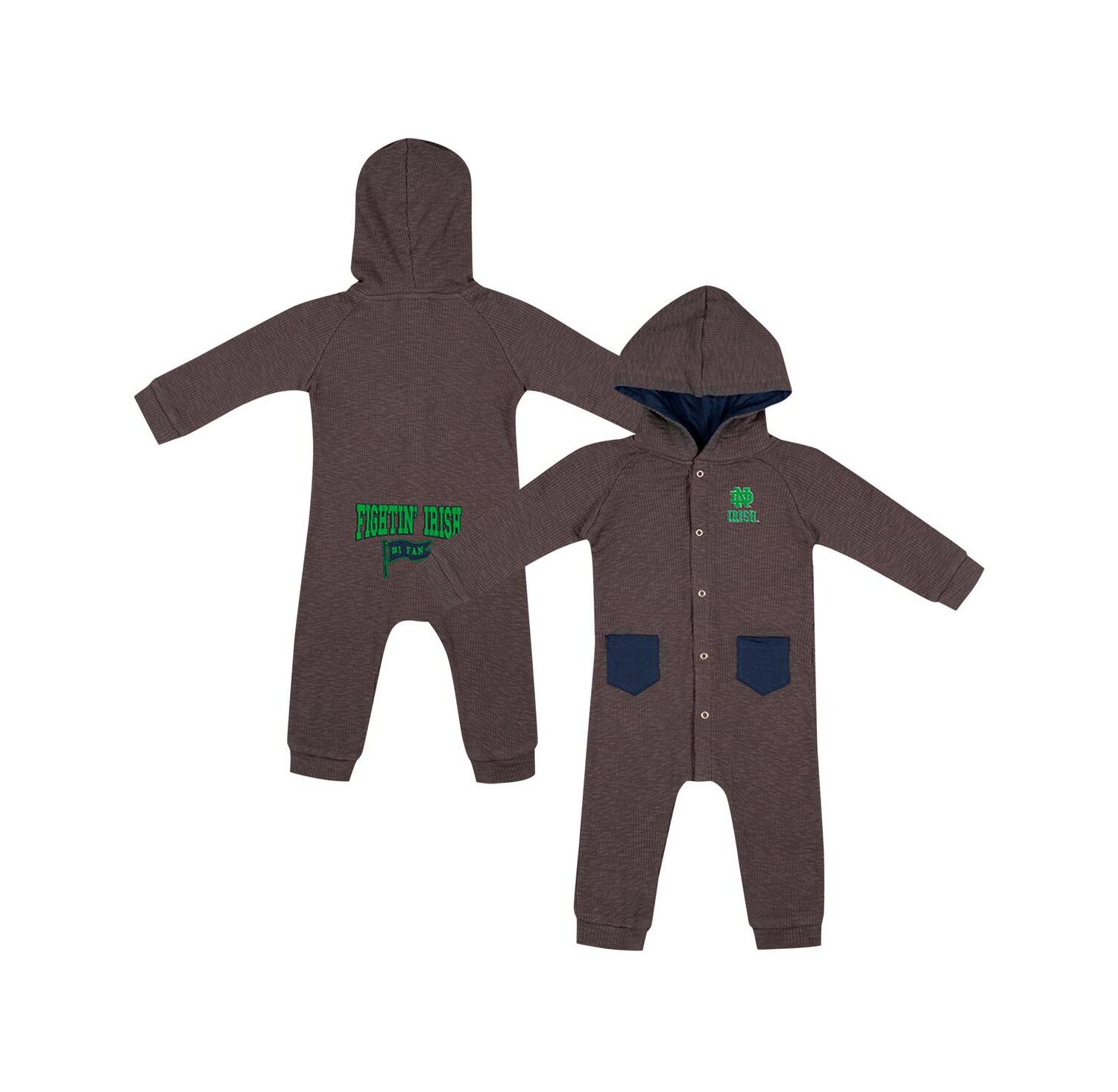 Baby Boys and Girls Charcoal Notre Dame Fighting Irish Zando-Zan Waffle Full-Snap Hooded Romper