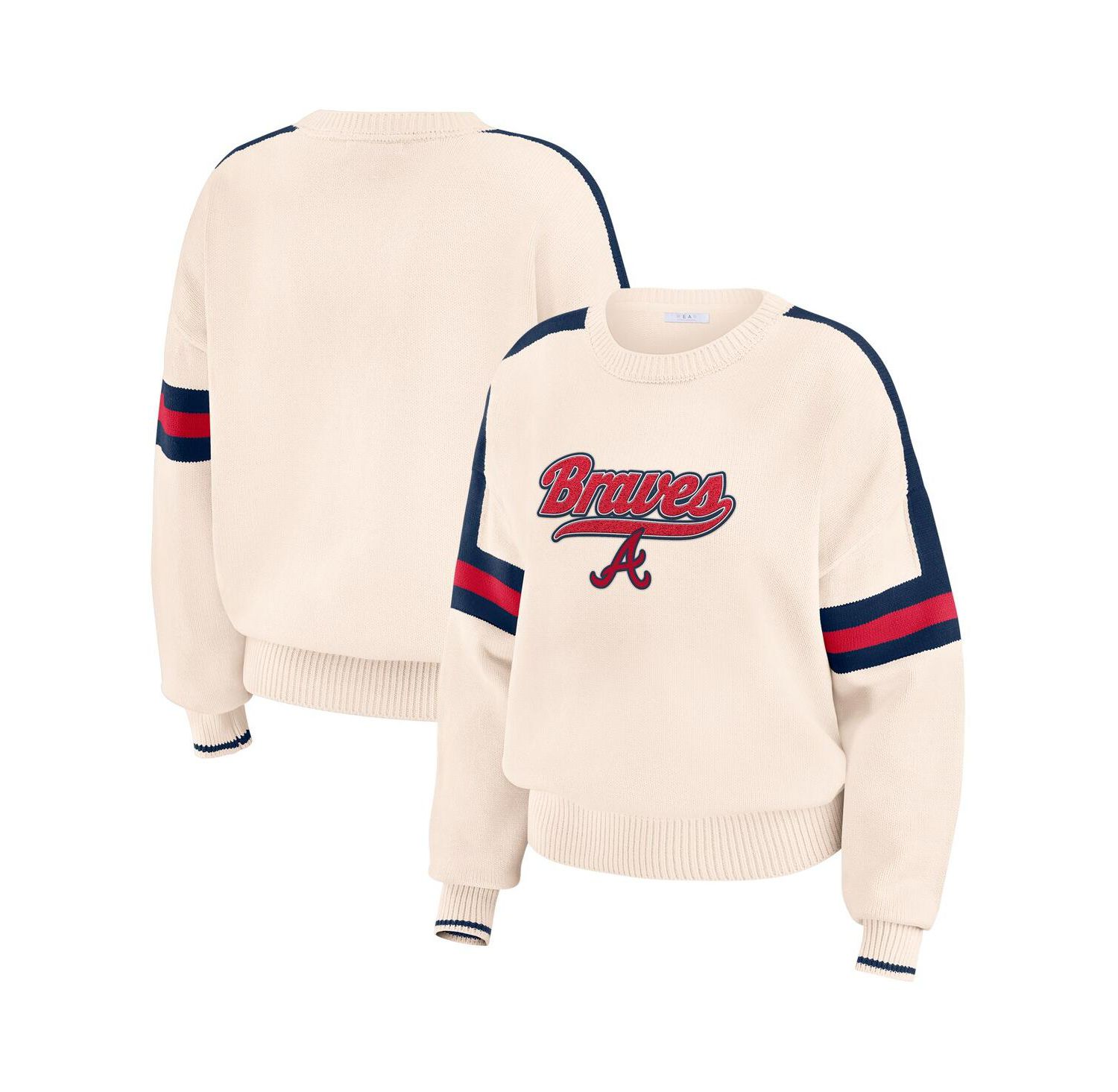 Women's Cream Atlanta Braves Stripe Pullover Sweater