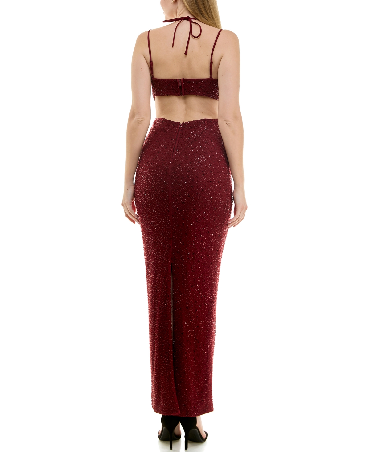 City Studios Juniors' Bead Embellished Cowlneck Sleeveless Gown In Oxblood