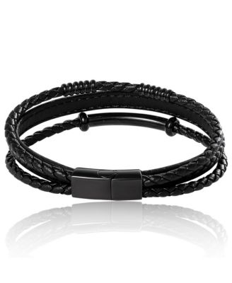 Stainless Steel Triple Row Black Cord Bracelet - 8.25"