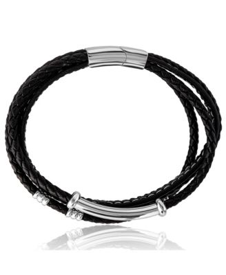 Stainless Steel Triple Row Black Cord Bracelet - 8.25"