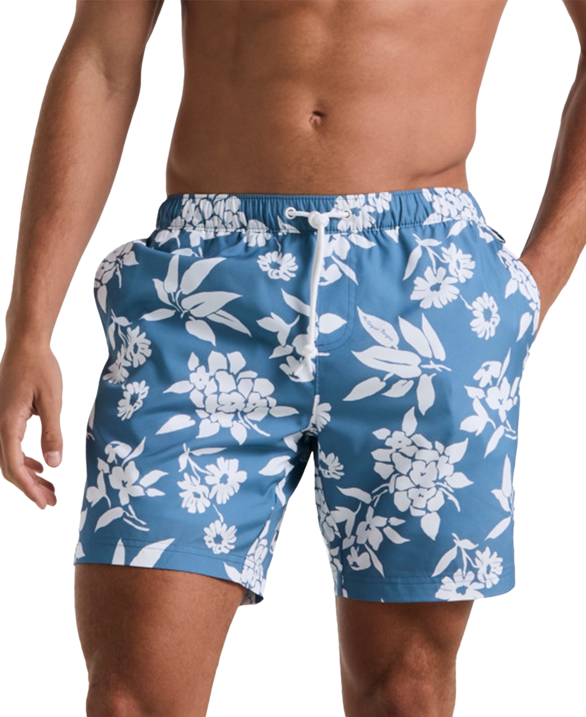 Original Penguin Men's Slim Fit Floral Print Drawstring 7" Swim Trunks In Copen Blue