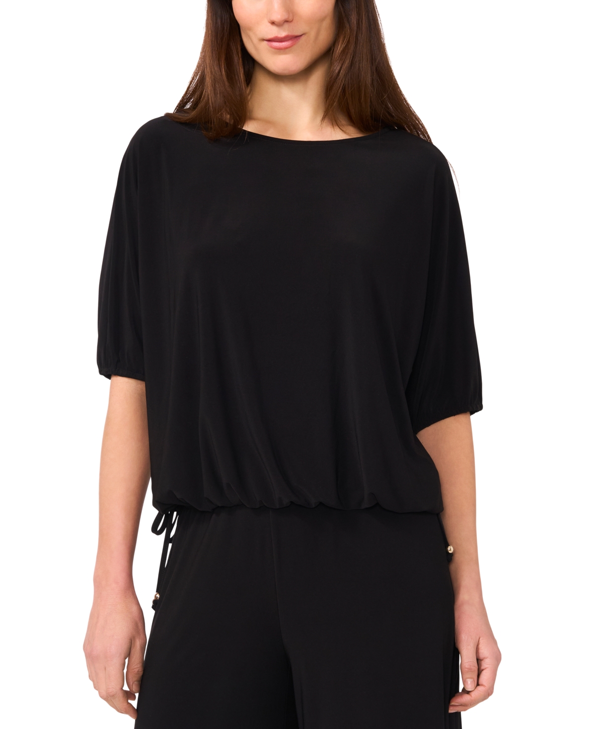 Women's Printed Round-Neck Puff-Sleeve Side-Tie Top - Symphonic Sunset