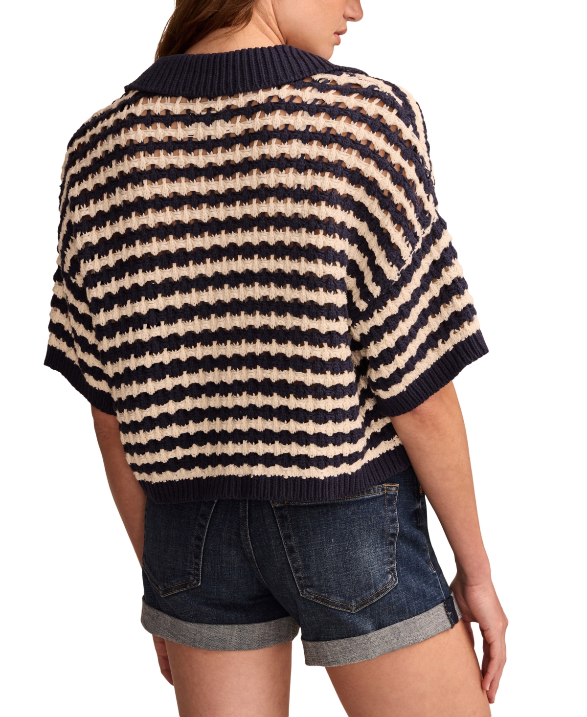 Shop Lucky Brand Women's Button-down Short-sleeve Pointelle Polo Top In Cadet Navy Multi Stripe