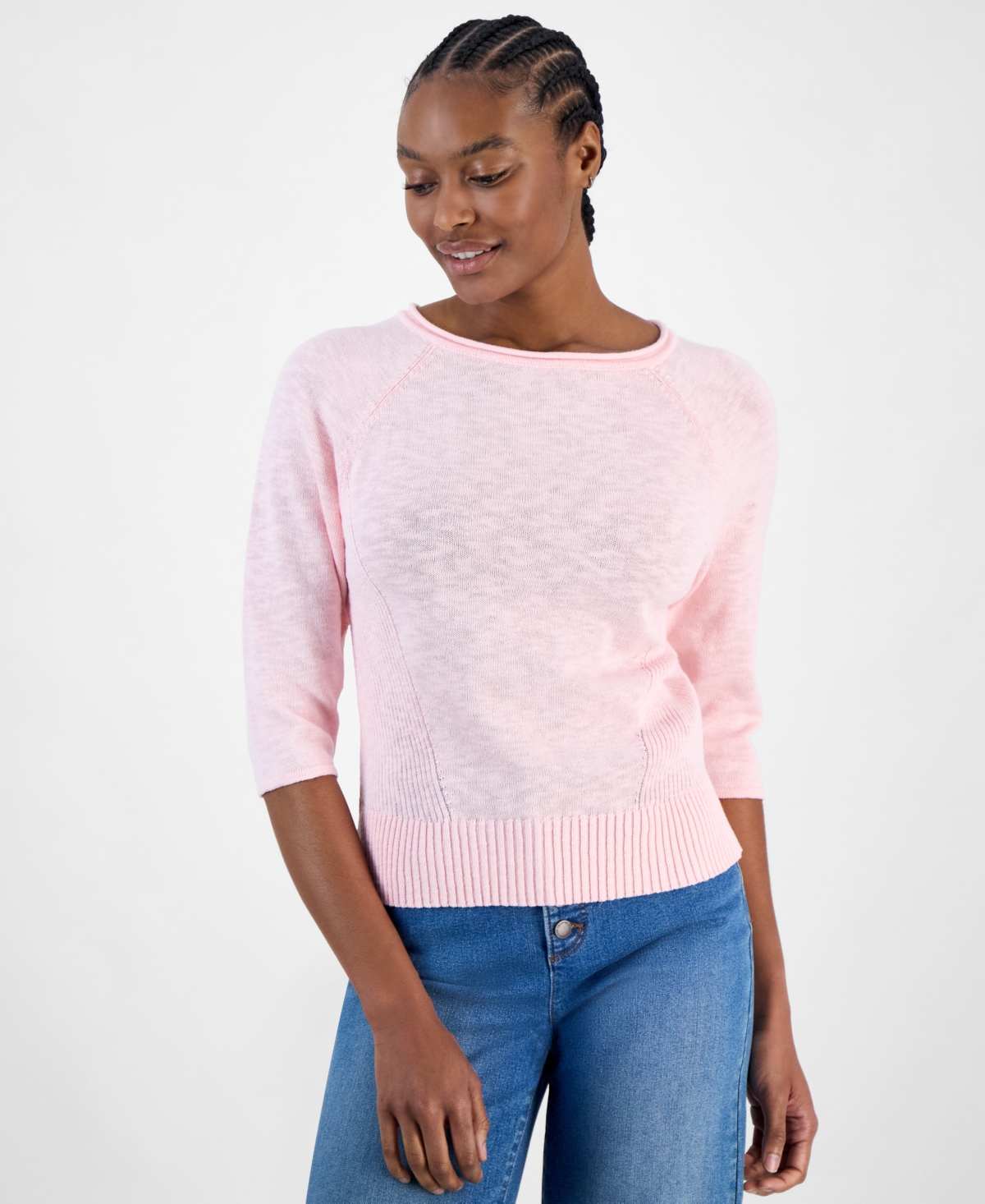 Charter Club Women's 3/4-sleeve Linen-blend Sweater, Exclusively At Macy's In Warm Blush