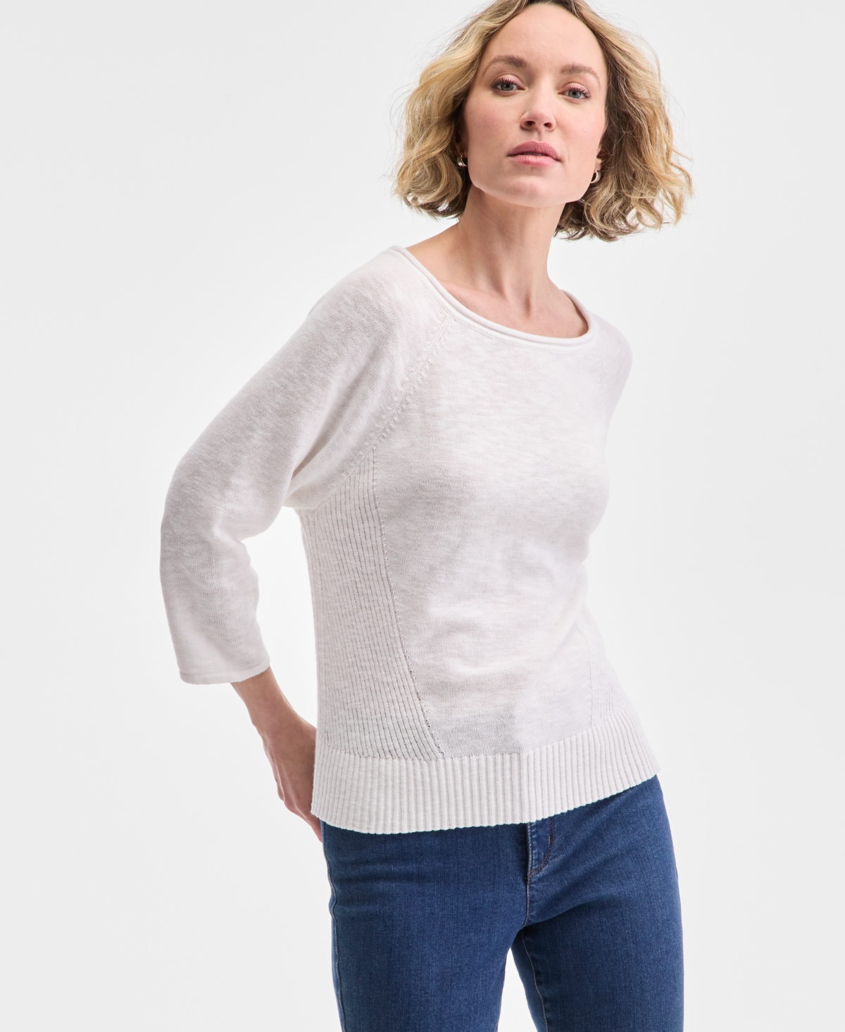 CHARTER CLUB WOMEN'S 3/4-SLEEVE LINEN-BLEND SWEATER, EXCLUSIVELY AT MACY'S 