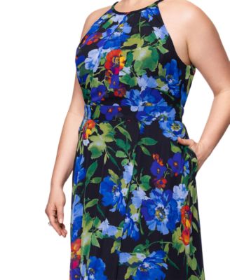 Betsy & Adam Plus Size Floral-Print Halter Gown