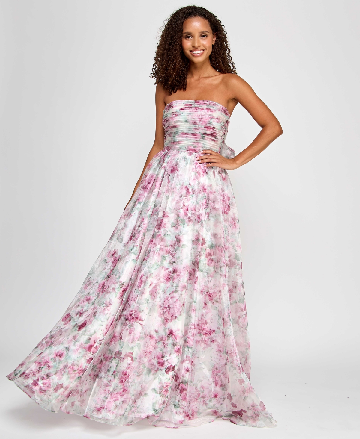 Juniors' Pleated Strapless Floral-Print Gown, Created for Macy's - Ivory Rose